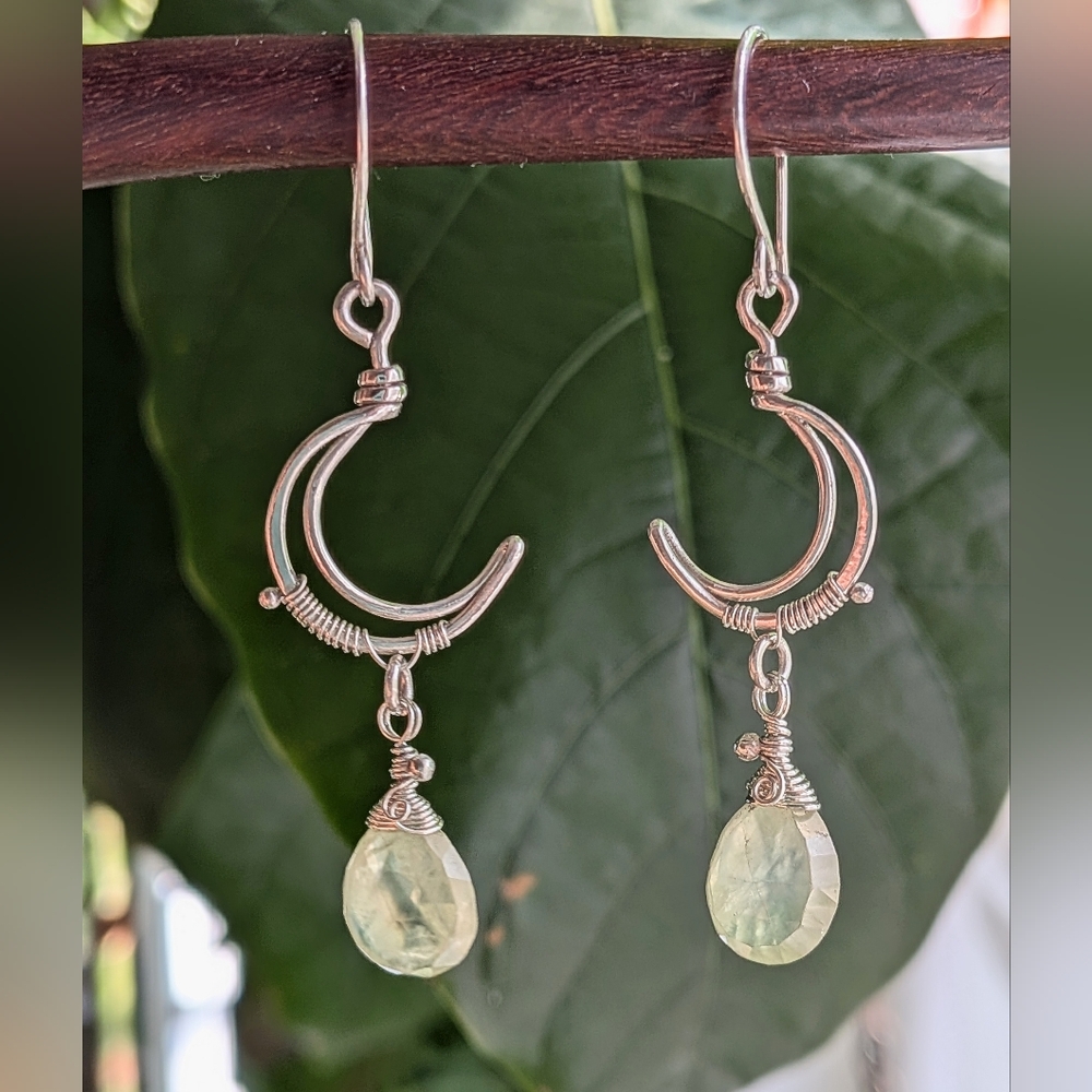Sterling Silver Moon Earrings- Artisan Crafted Crescents-Green Prehnite Gems